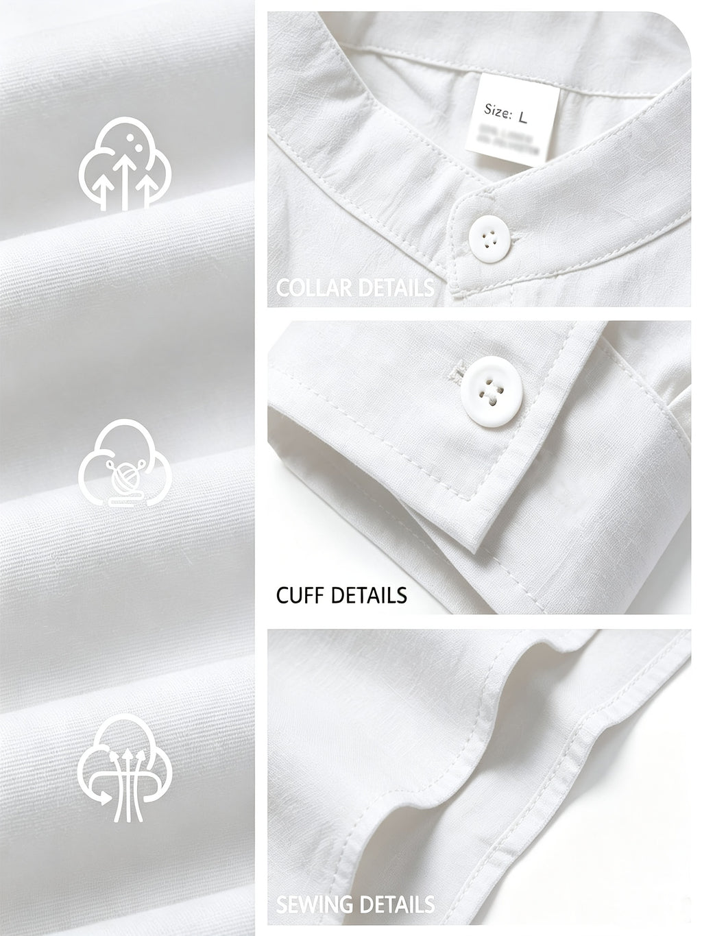 Men's Linen Long-sleeve Shirt, Small Stand-up Collar Button- Casual Shirt, Solid Color Simple and Versatile Style, Suitable for Spring and Autumn Outdoor Activities, Travel and Vacation, and Daily Commuting Wear - White