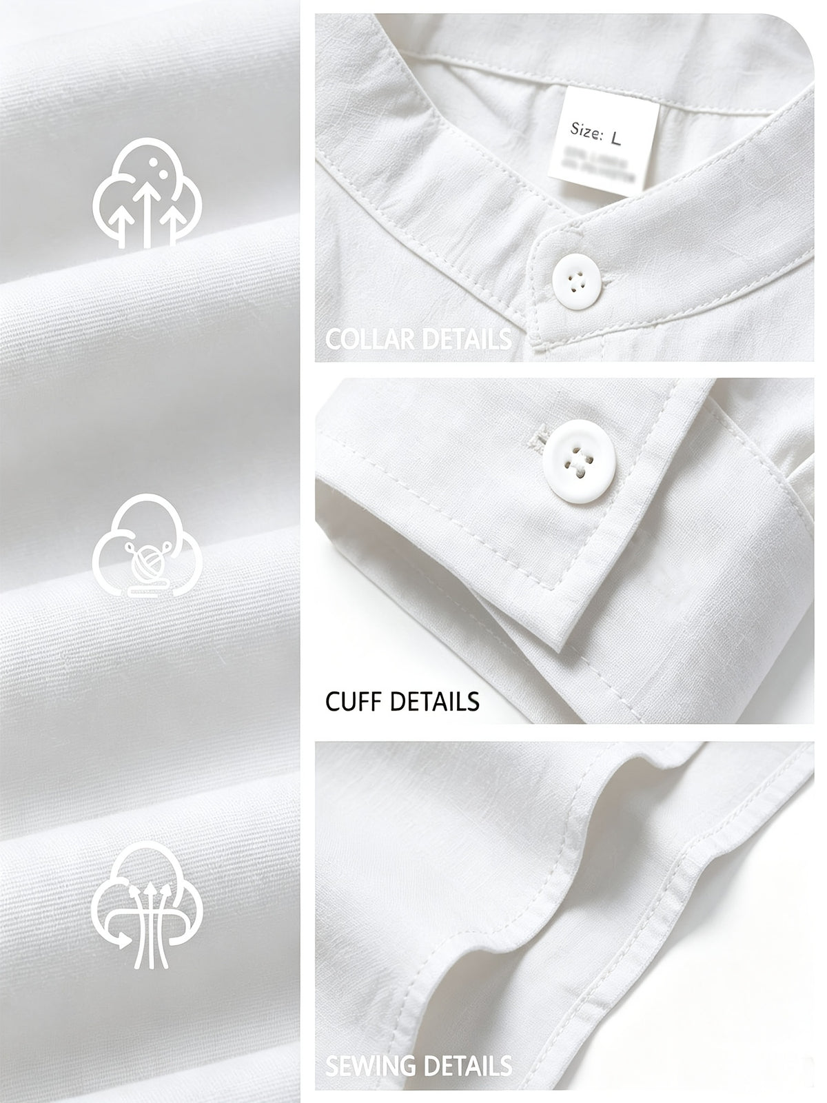 Men's Linen Long-sleeve Shirt, Small Stand-up Collar Button- Casual Shirt, Solid Color Simple and Versatile Style, Suitable for Spring and Autumn Outdoor Activities, Travel and Vacation, and Daily Commuting Wear - White