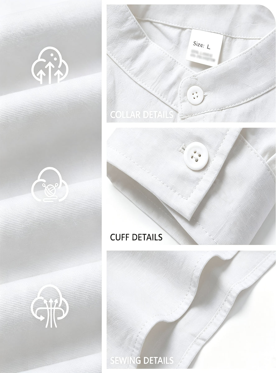 Men's Linen Long-sleeve Shirt, Small Stand-up Collar Button- Casual Shirt, Solid Color Simple and Versatile Style, Suitable for Spring and Autumn Outdoor Activities, Travel and Vacation, and Daily Commuting Wear - White