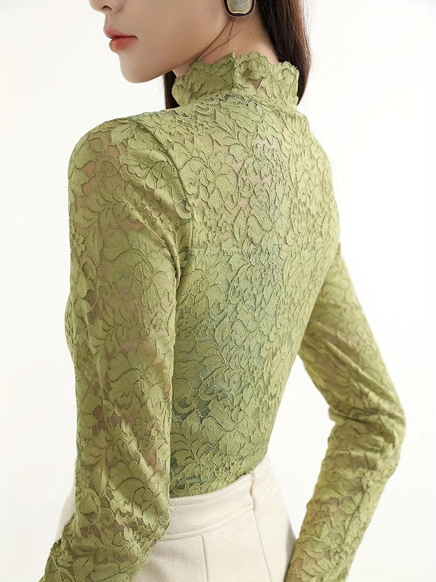 Lace Mock Neck Slim Top, Sexy Long Sleeve Top For Spring & Fall, Women's Clothing - Green