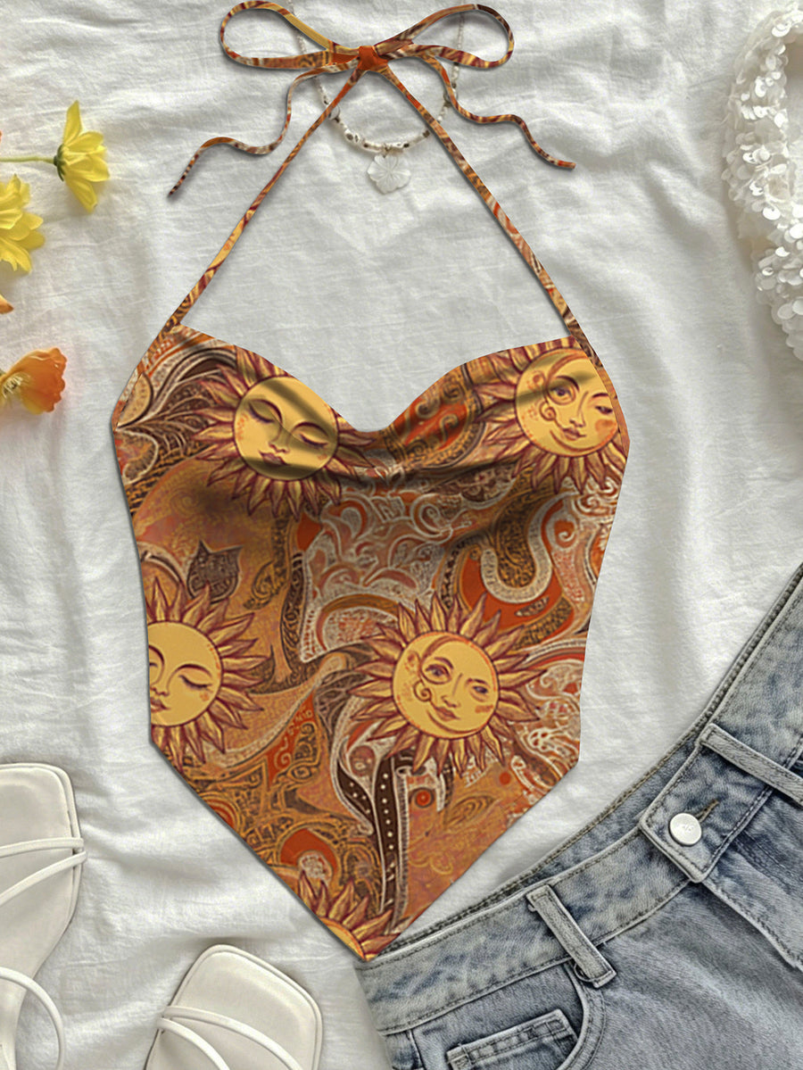 Women Summer New Arrival Hot Boho Casual Beach Vacation Daily Wear Allover Floral Print Sweetheart Neck Halter Tie Crop Top - Light Brown-1