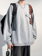 Men's Chinese Vintage Patchwork Crewneck Sweatshirt, Ethnic Style Embroidered Loose Drop-Shoulder Pullover, for Spring/Autumn Daily Streetwear Outings - Grey