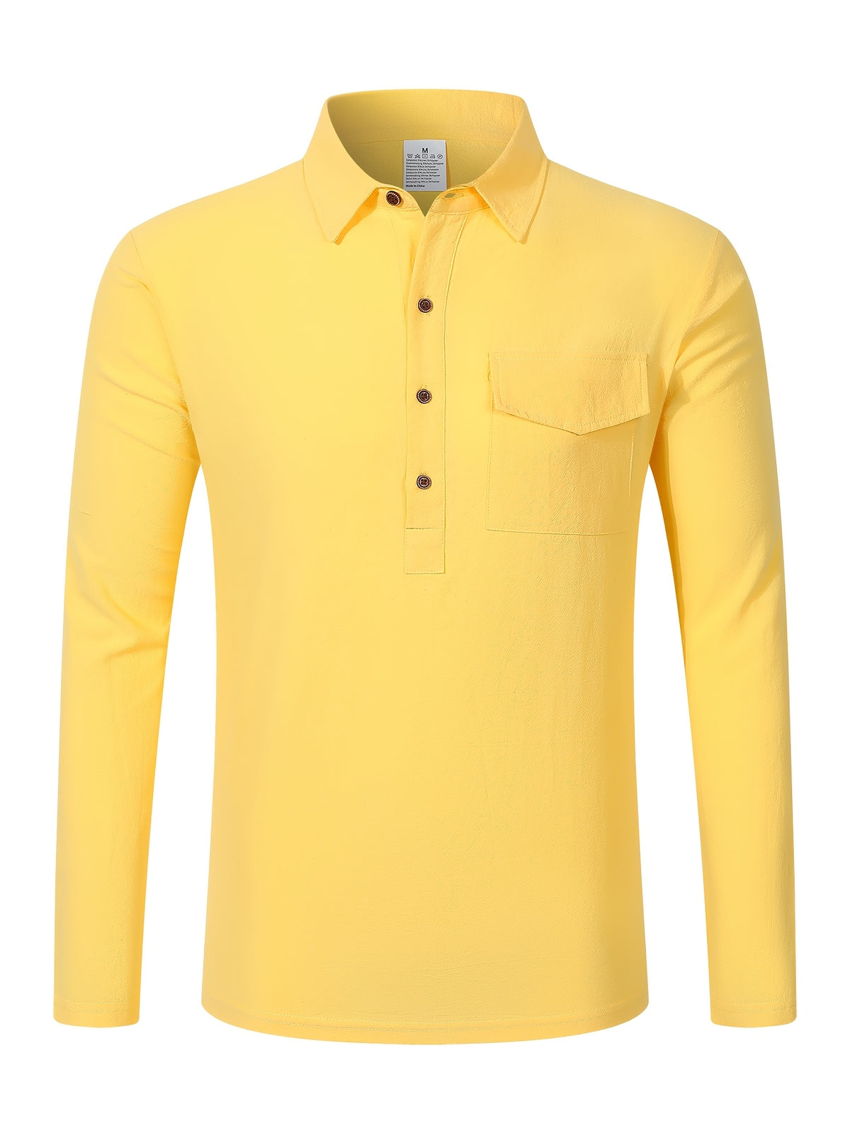 Autumn Men's Polo Shirt, Half-Button Henry Collar Long Sleeve Top with Simple Chest Pocket, Suitable for Business, Office, and Daily Wear - Yellow
