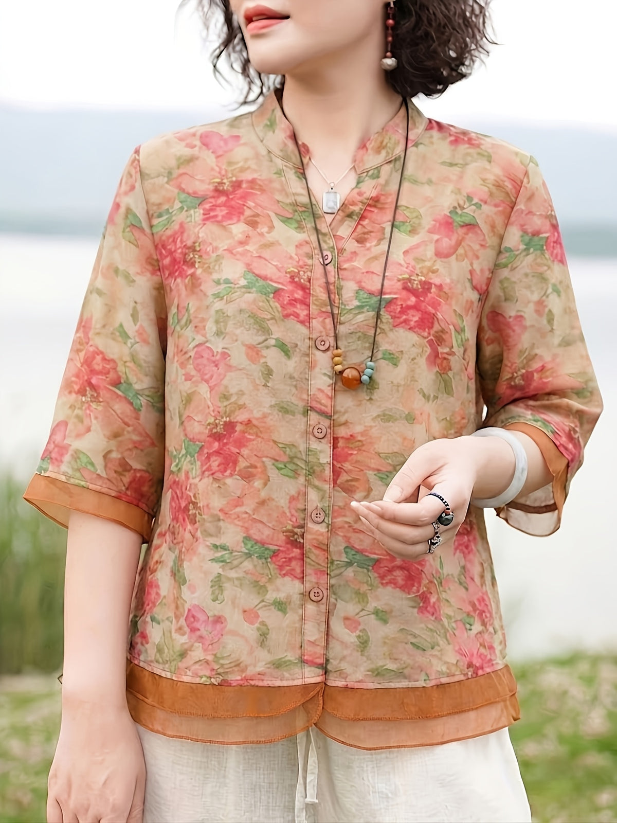 Women'S Printed Stand-Up Collar Mid-Sleeve Shirt, Spring And Summer Casual Versatile Cardigan Top - Red