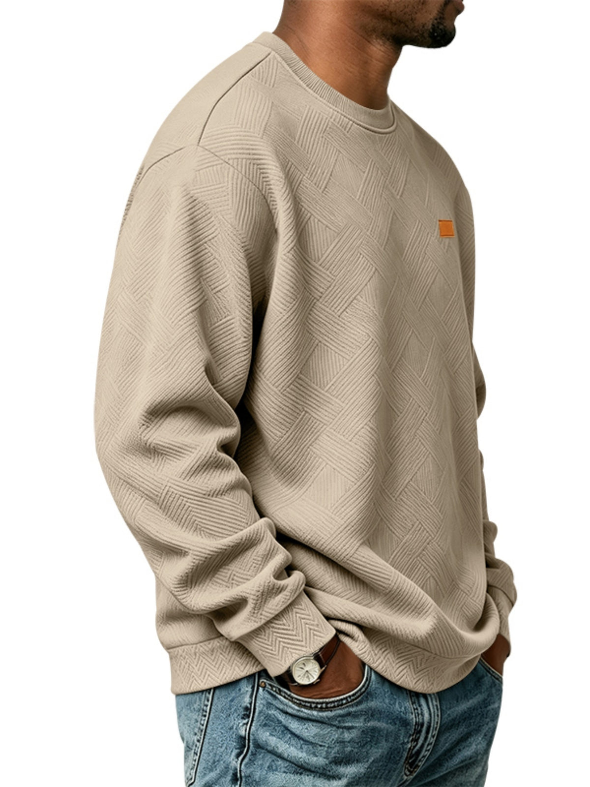 Men'S Fall Winter Crew Neck Sweatshirt 3D Textured Long Sleeve Pullover Loose Fit Casual Sports Commute Daily Home Outer Top Plus Size - Khaki
