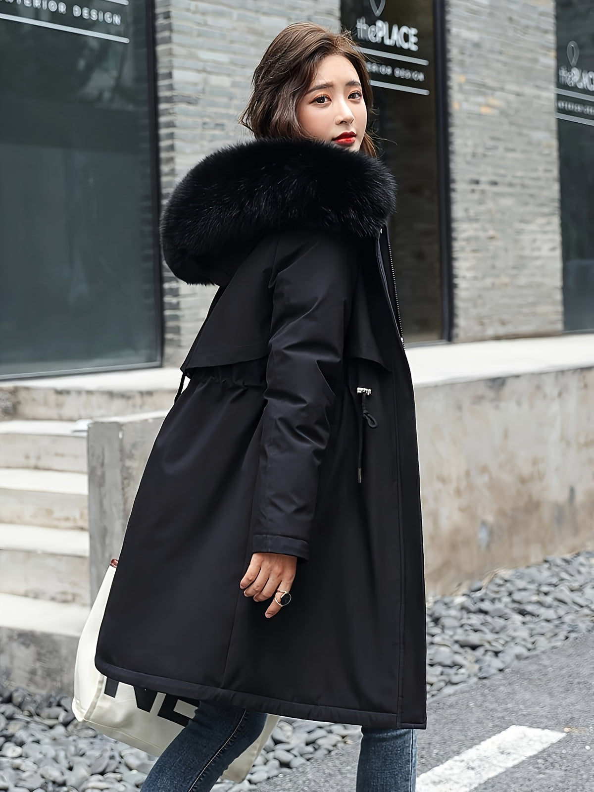 Winter New Mid-Length Fleece-Lined Vest Coat Trendy Women'S Coat Removable Collar - Black