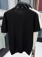 Men's Breathable Hollow-Out Short Sleeve T-Shirt/Polo Shirt - Lightweight Round Neck Loose-Fit Top with Hollow-Out Texture, Solid Color Base Layer -Compatible for Casual & -Casual Wear, Machine Washable Suitable for - Black