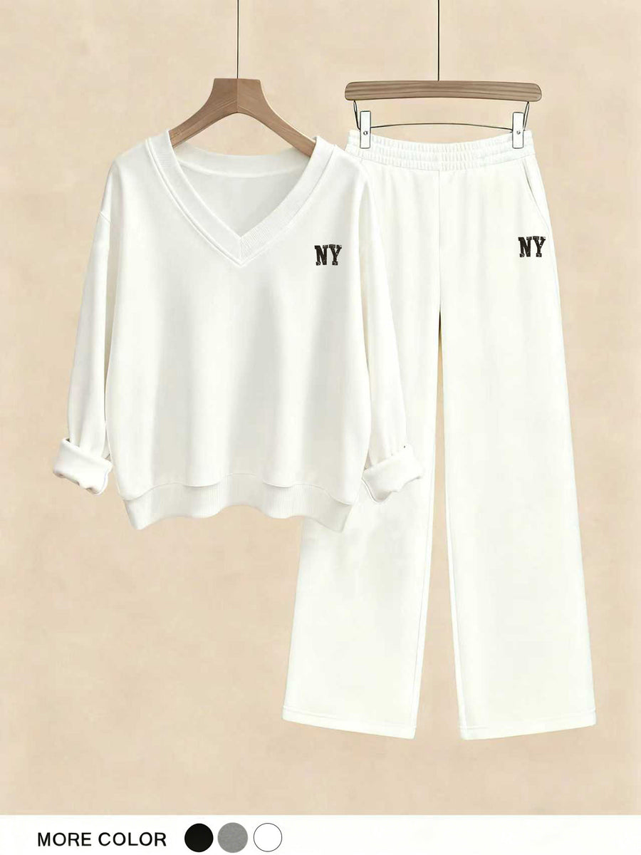 Fashion Spring Autumn Casual Long Sleeve V-Neck Sweatshirt And Pants Two-Piece Set, Casual Long Pants Suit - White+White
