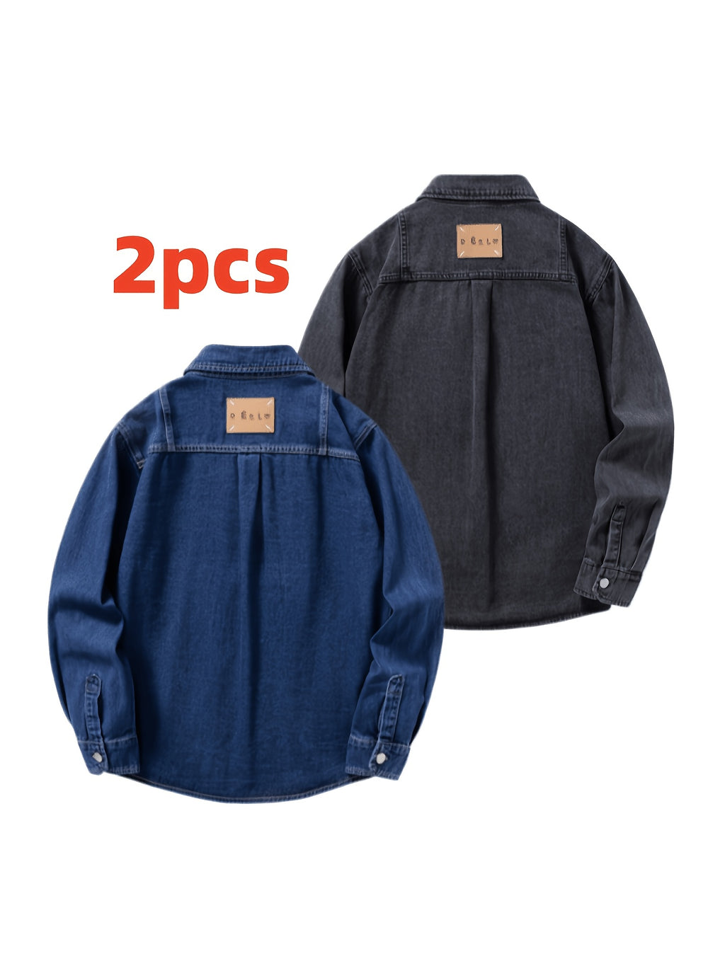 2pcs Men's Loose Vintage Washed Lapel Denim Shirt, Casual Versatile Daily Streetwear Jacket - Dark blue + black gray