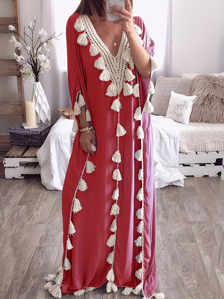 Women'S Middle Eastern Robe, V-Neck Cover-Up Tassel Patchwork Dress - Burgundy