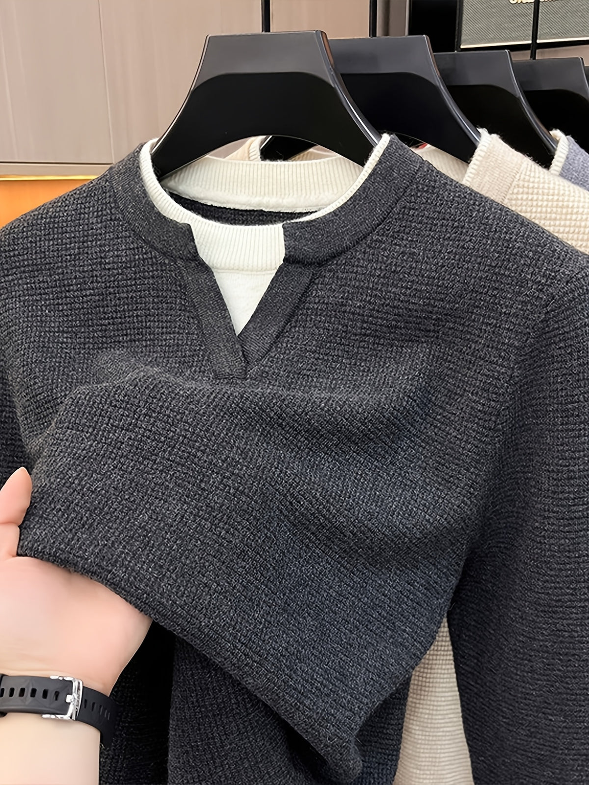 Men'S Waffle Fake Two-Piece V-Neck Knit Long Sleeve Top, Burgundy And White Contrast, Focus on Atmospheric Autumn Casual Wear - SINBOS - Dark Gray