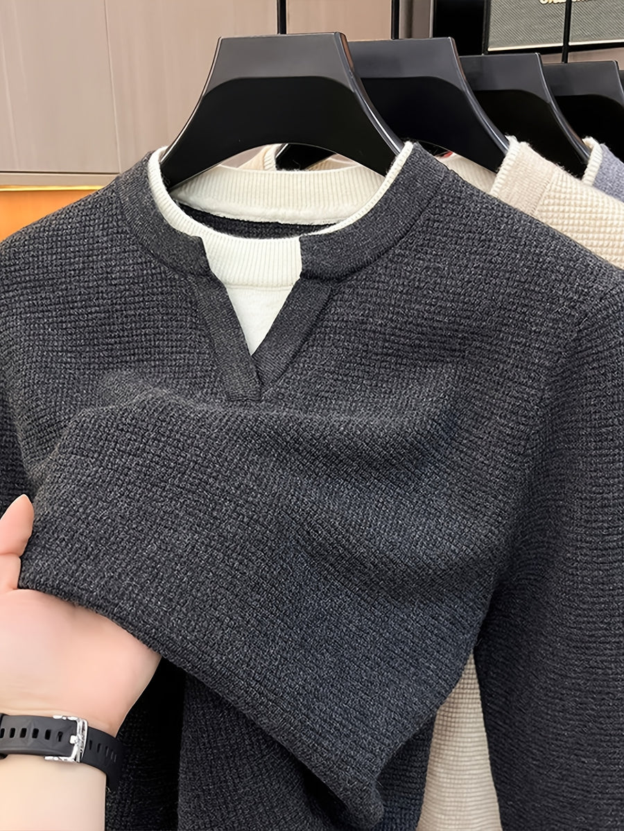 Men'S Waffle Fake Two-Piece V-Neck Knit Long Sleeve Top, Burgundy And White Contrast, Focus on Atmospheric Autumn Casual Wear - SINBOS - Dark Gray