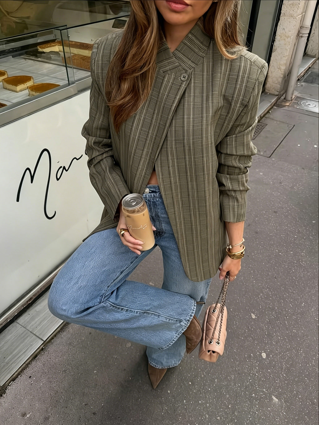 Women's New Spring/Summer Plaid Asymmetrical Casual Blazer, Vintage Design, Elegant and Exquisite - Khaki
