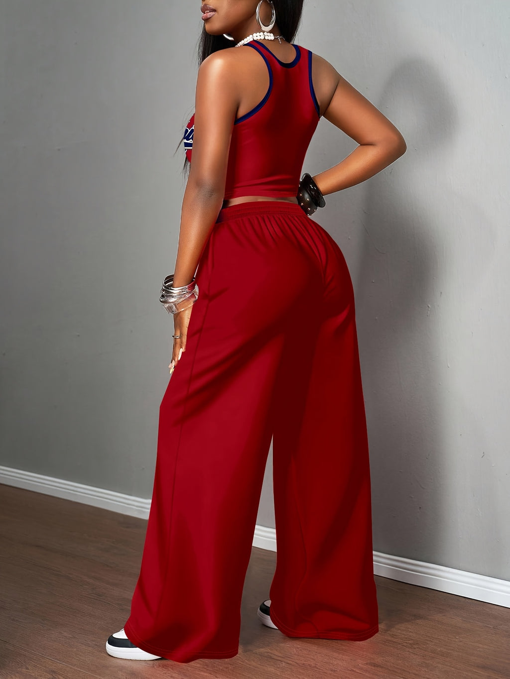 A Two-Piece Set for Women Consisting of a Casual Tank Top And Long Pants, Featuring a Regular Fit, Printed with The Number '23' And Letter Patterns, Using Digital Printing Technology, Stylish And Comfortable, Perfect for Everyday Wear - Red