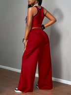 A Two-Piece Set for Women Consisting of a Casual Tank Top And Long Pants, Featuring a Regular Fit, Printed with The Number '23' And Letter Patterns, Using Digital Printing Technology, Stylish And Comfortable, Perfect for Everyday Wear - Red