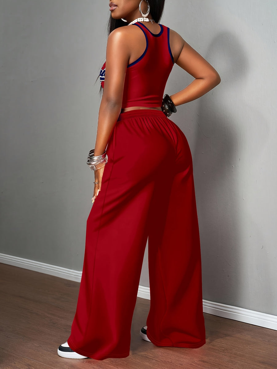 A Two-Piece Set for Women Consisting of a Casual Tank Top And Long Pants, Featuring a Regular Fit, Printed with The Number '23' And Letter Patterns, Using Digital Printing Technology, Stylish And Comfortable, Perfect for Everyday Wear - Red