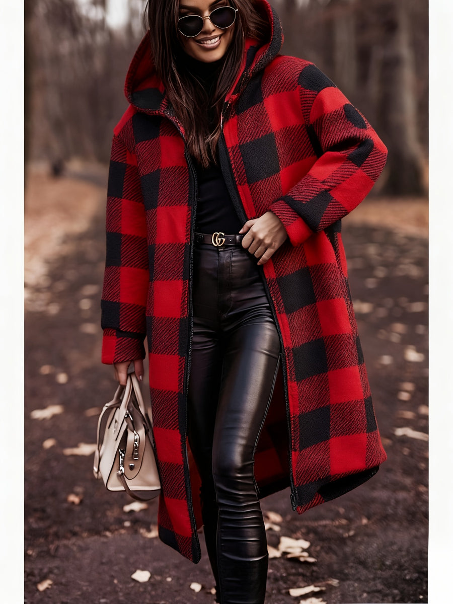 Winter Women's Hooded Cardigan, Two-Tone Plaid, Mid-Length, Thickened Warm Pea Coat - Red