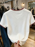 XXFL Directional Style Summer Regular Shoulder V-Neck Color-Block Fashion Versatile Short-Sleeve Top T-Shirt - Red edge collides with white