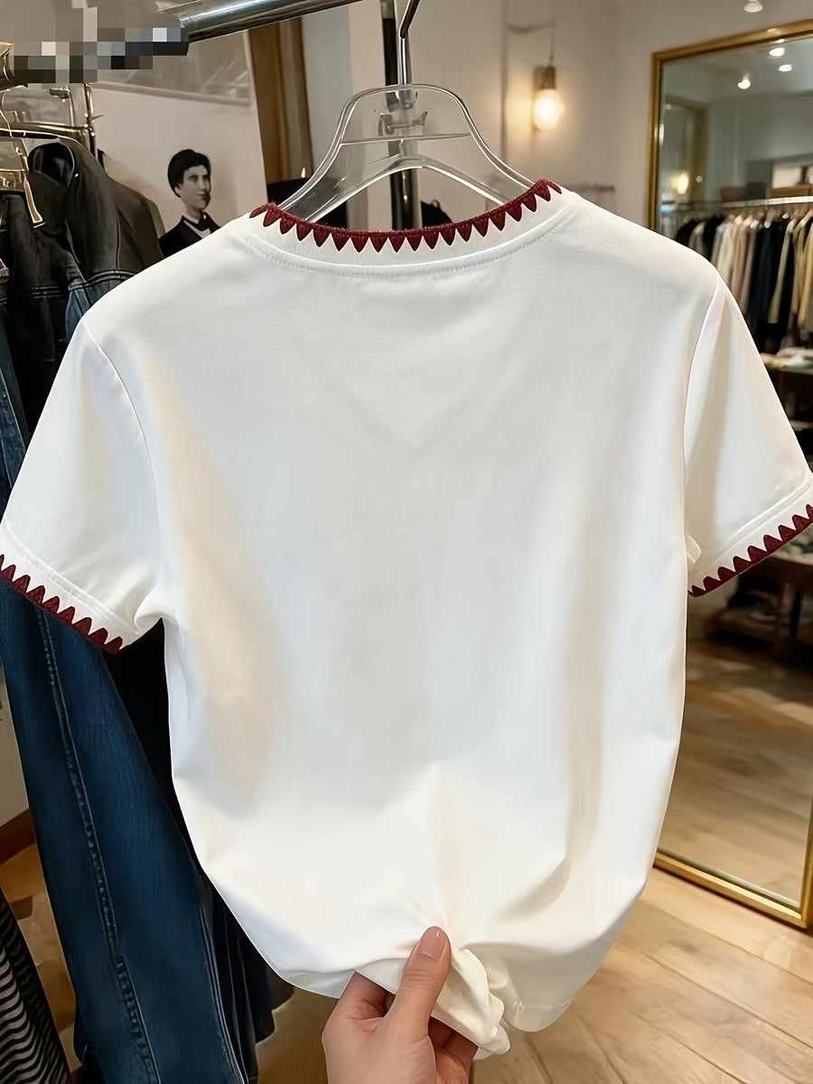 XXFL Directional Style Summer Regular Shoulder V-Neck Color-Block Fashion Versatile Short-Sleeve Top T-Shirt - Red edge collides with white