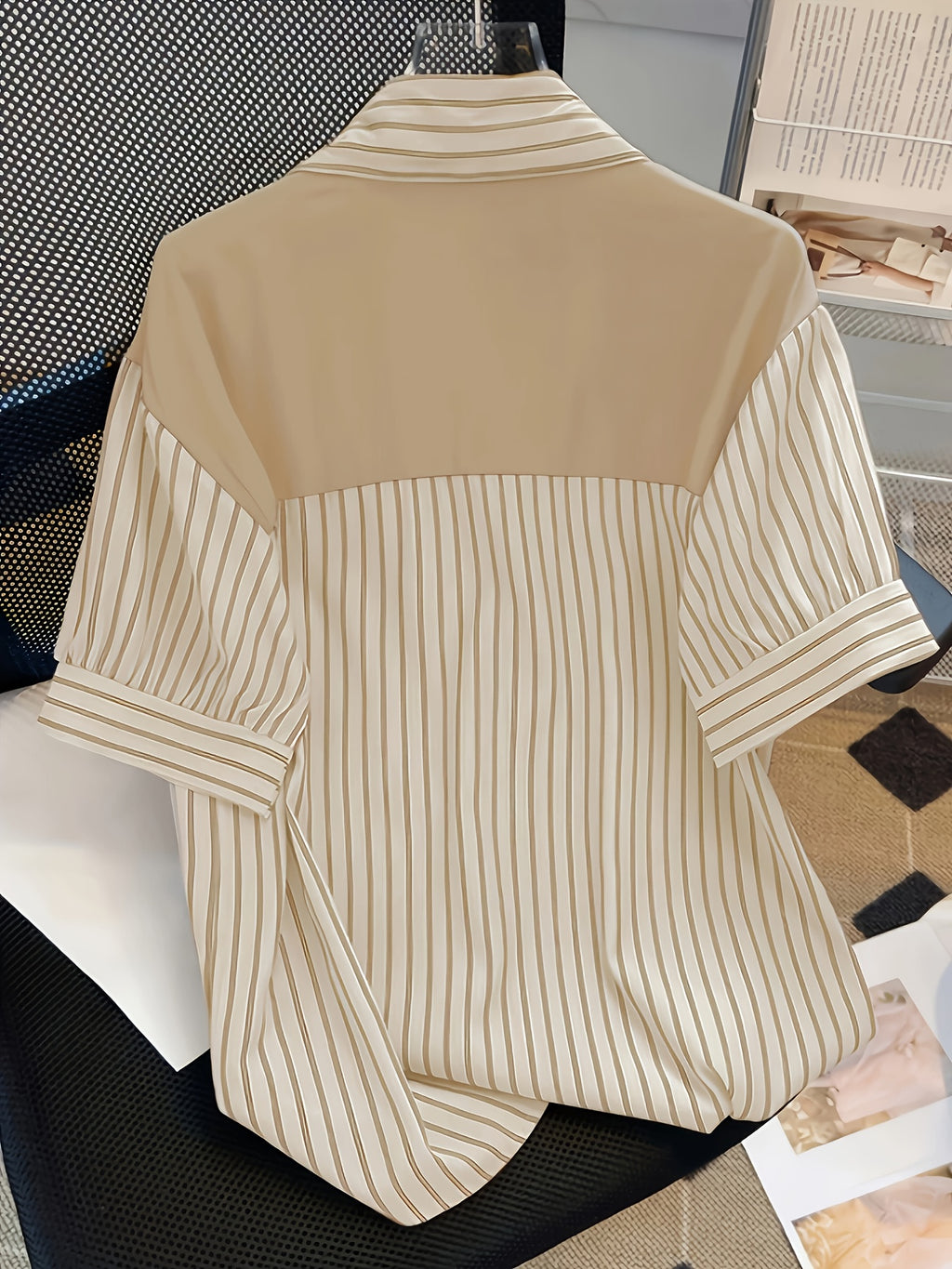 Women's Summer Striped Collar Loose Casual Shirt - Lightweight Machine Washable Top with Gray-White Vertical Stripes, Spring/Summer Wear - Multicolor