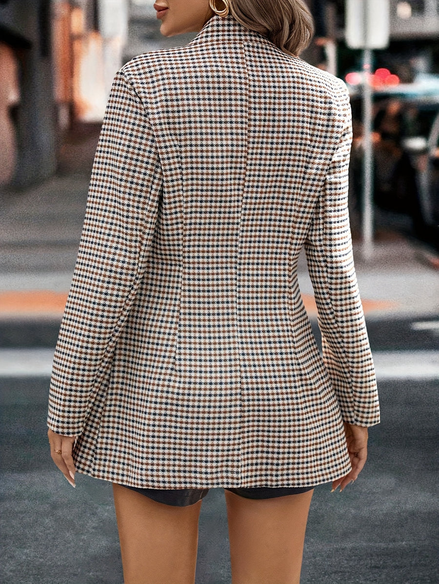 Women'S Clothing 1pc Plaid Mid-Length Open Front Long Sleeve Commuter Elegant Fashion Blazer - Lattice