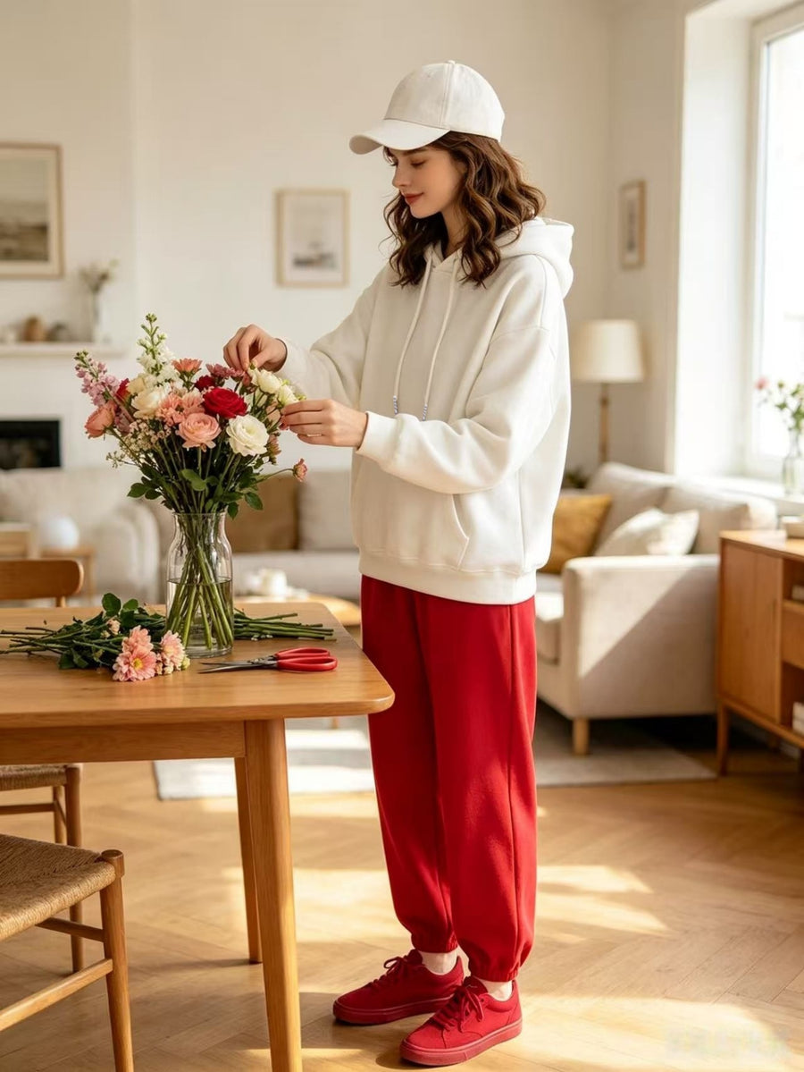 Lazy Style Loose Sweatshirt and Sweatpants Set, Long Sleeve Hooded Top and Jogger Pants, Daily Running Sportswear - White Sweatshirt + Red Sweatpants