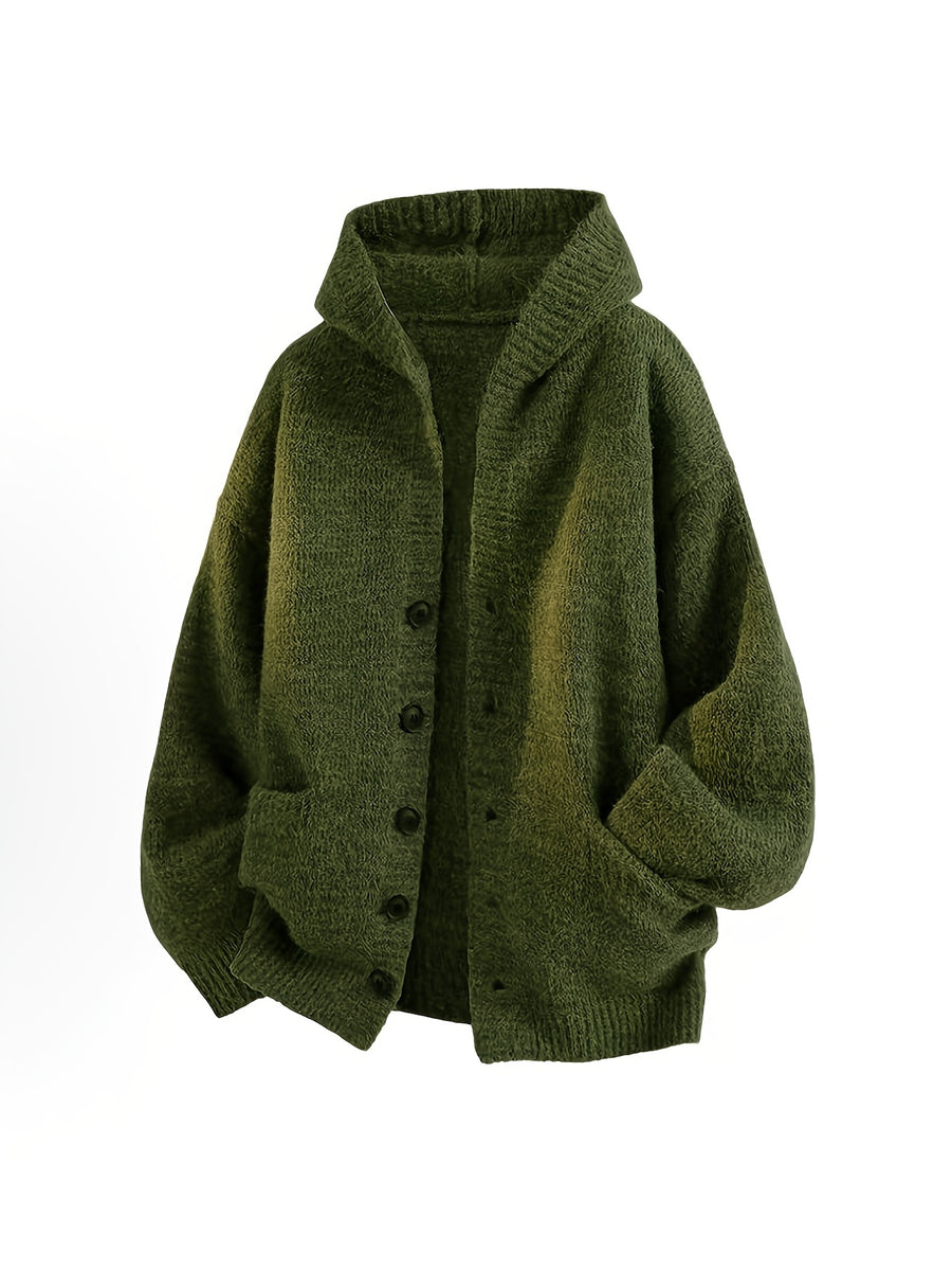 Retro Solid Color Single Button Hooded Cardigan Sweater, Loose Casual Style Versatile Outerwear Knit Top - fern green
