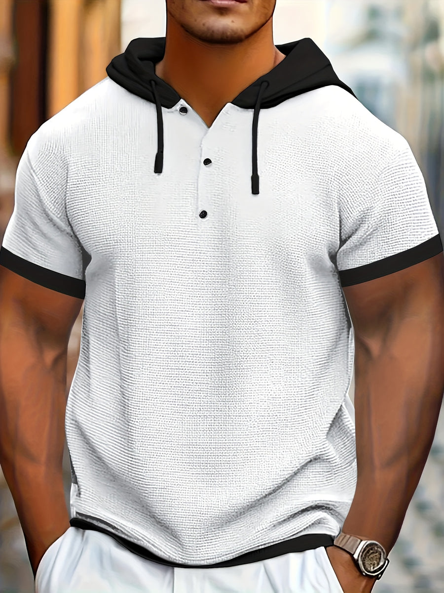 Men's Casual Short Sleeve Hooded Henley Shirt - Textured Waffle Knit & Contrast Color Block Design with Metal Buttons, Breathable Summer Outdoor Sportswear, Machine Washable Regular Fit, Henley Placket Design - White