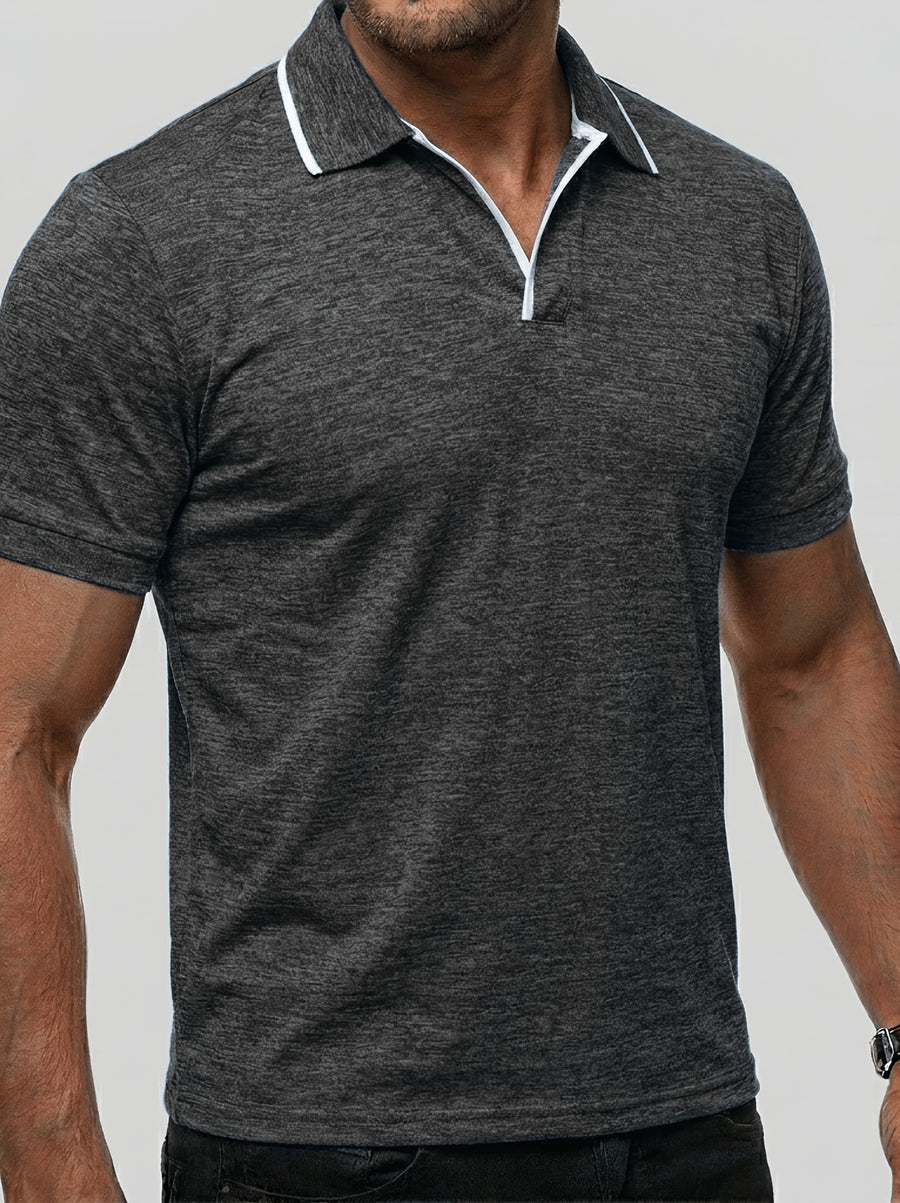 Summer Men'S Short Sleeve T-Shirt, Men'S Business Shirt, Round Neck Lapel Contrast Men'S T-Shirt, Casual Party, Suitable for Various Styles, Travel, Golf, Daily, Suburban Tourism, Family Travel, Parent-Teacher Meeting, Casual Short Sleeve Top, Knit - Dark Gray