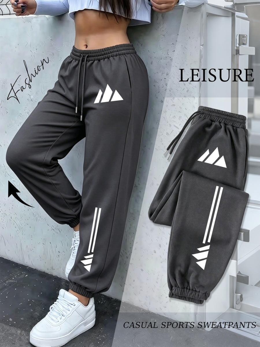 American High Street Style Mountain Triangle Geometric Three-Stripe Print Drawstring Ankle-Cinching Sweatpants for Women, Loose And, Jogging Pants, Soft And Comfortable, Non-Pilling, Versatile Casual Long Pants - Dark Gray