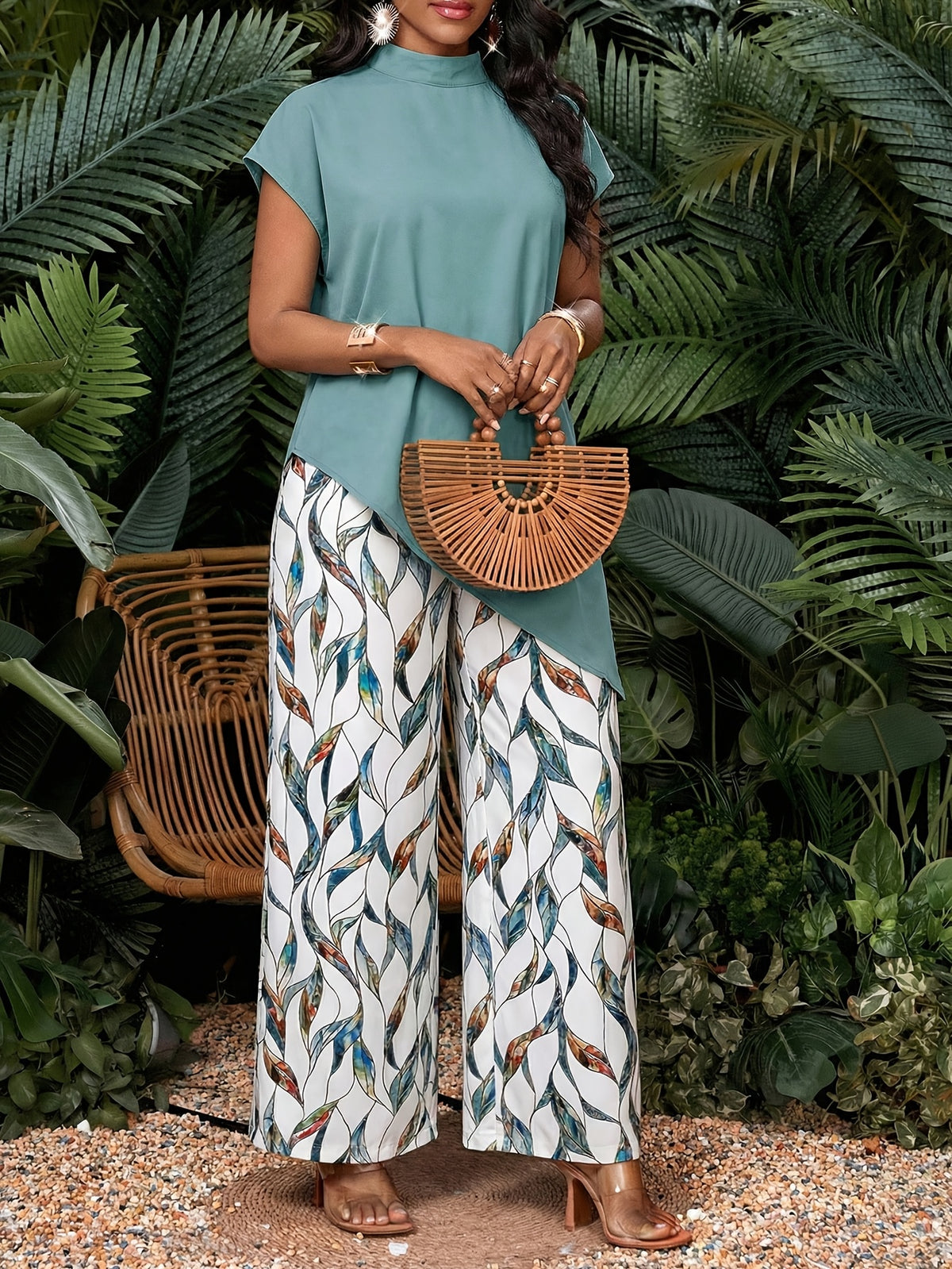 Women'S Elegant Solid Asymmetrical Hem Top And Floral Print Pants Set 2pcs Outfit - Multicolor 1