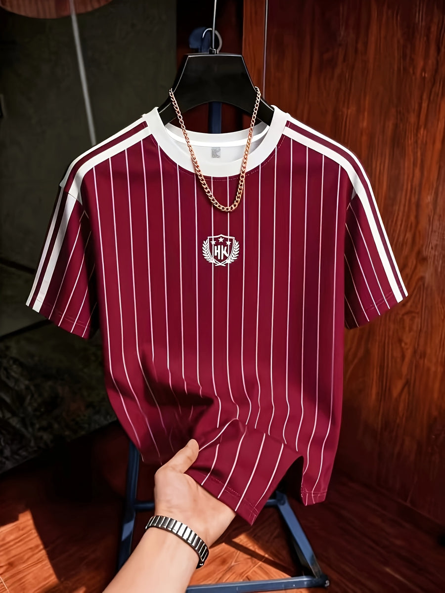 Men's Summer Casual Striped T-Shirt with Contrast Shoulder Stripes & Wheat Ear Shield Print - Breathable Crew Neck Short Sleeve Top, Suitable for Warm Weather, Machine Washable.com-compatible - Deep Red