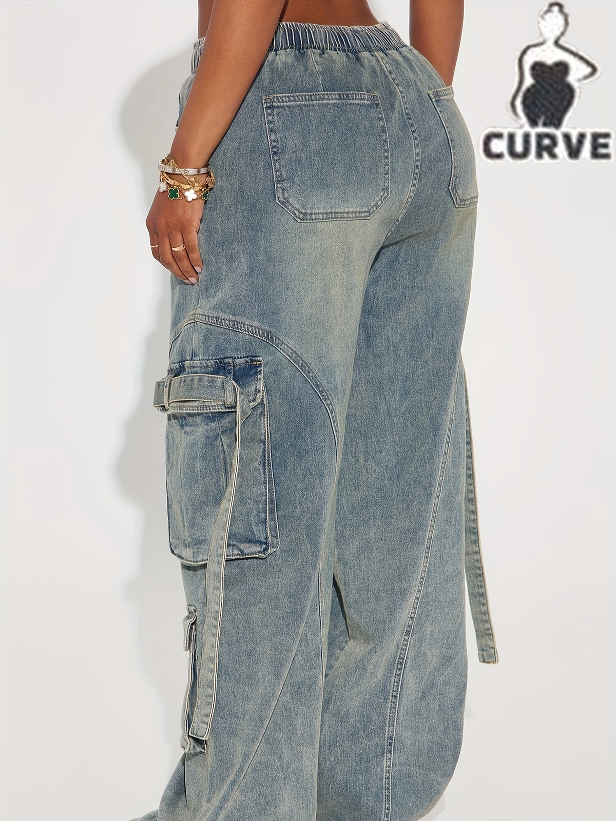 Women's Plus Size Washed Denim Elastic Waist Stretch Cargo Pants - Medium Blue