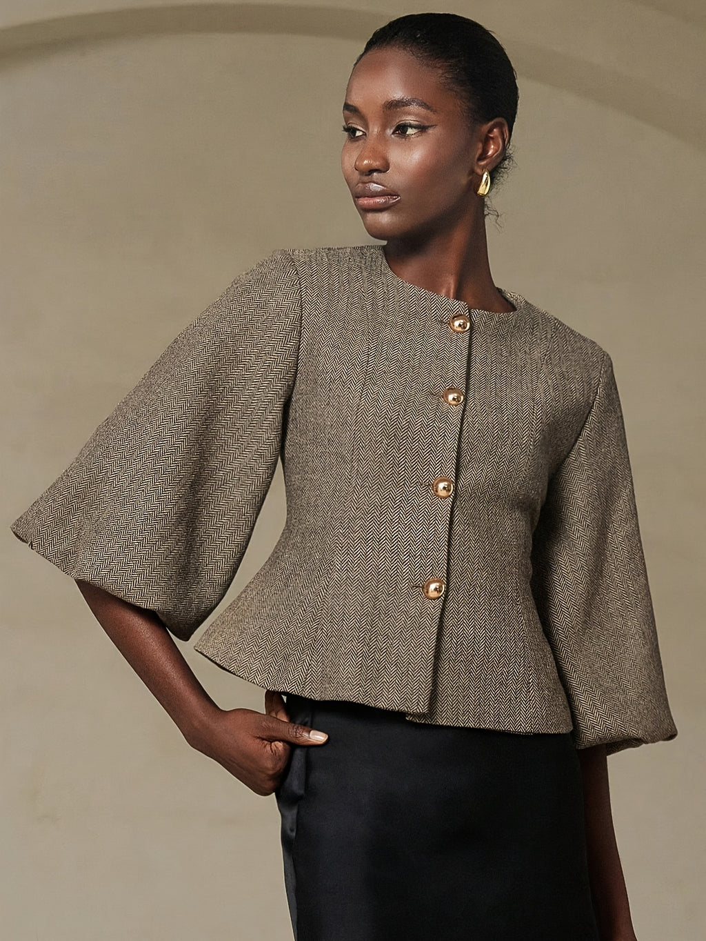 Elegant Vintage French-Style Women's Blazer, Featuring a High-end Herringbone-patterned Round Neck with a Cinched-waist Cut. This Jacket Combines Exquisite Lantern Sleeves with Metal Button Detailing, Making It a Versatile Piece for Daily Fashion - Multicolor