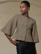Elegant Vintage French-Style Women's Blazer, Featuring a High-end Herringbone-patterned Round Neck with a Cinched-waist Cut. This Jacket Combines Exquisite Lantern Sleeves with Metal Button Detailing, Making It a Versatile Piece for Daily Fashion - Multicolor