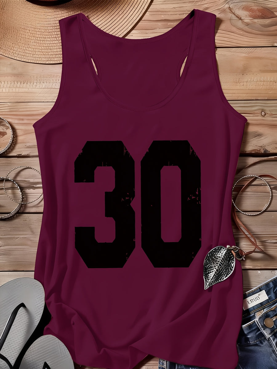 Arabic Numeral & '30' Letter Print Vest - All-Over Base Layer Suitable for Travel,, Outdoor | Machine Washable Sleeveless Top with Number | Casual Round Neck Wear for Streetwear and Year-Round Use - Fuchsia