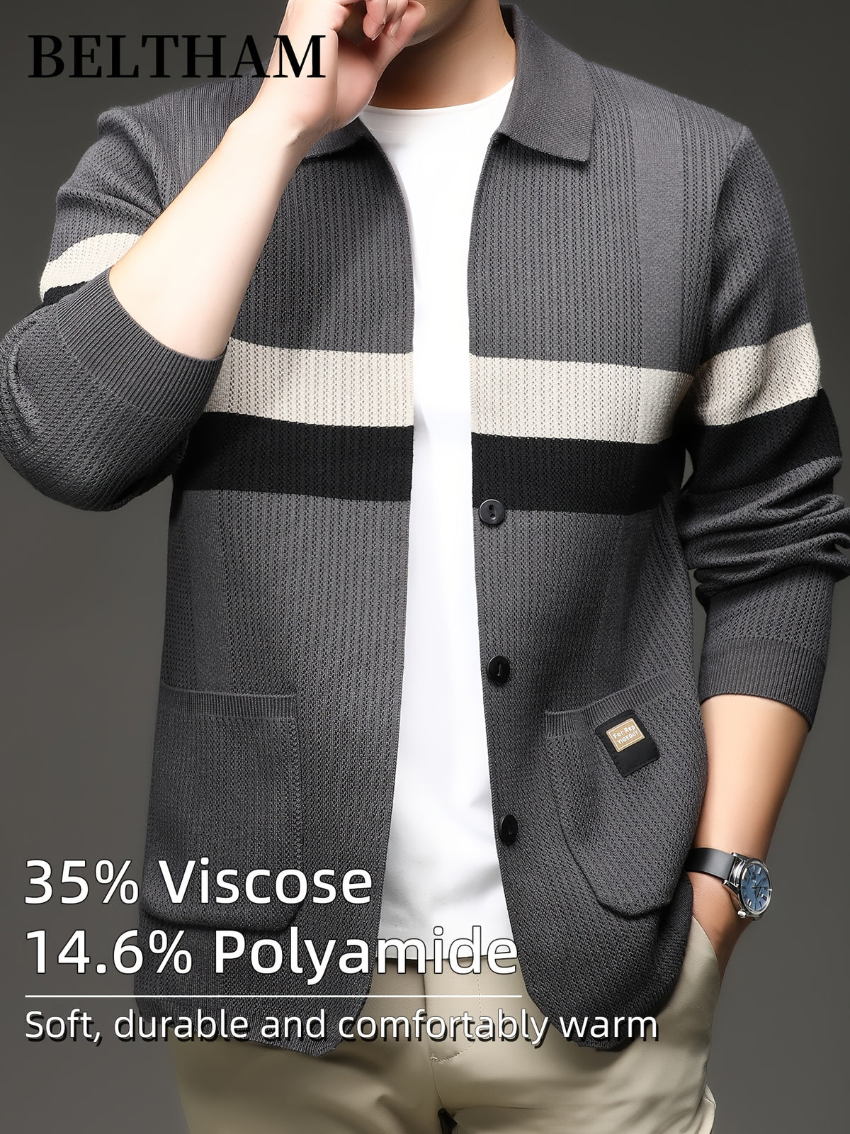 New Autumn Winter Men'S Striped Knit Cardigan, Ideal Gift for Dad And Husband, Lapel Collar Button Design, Soft Comfortable Knit Sweater, Minimal Elegant Versatile Top Cardigan Coat for Daily Outing Business Casual Camping Wear - Grey