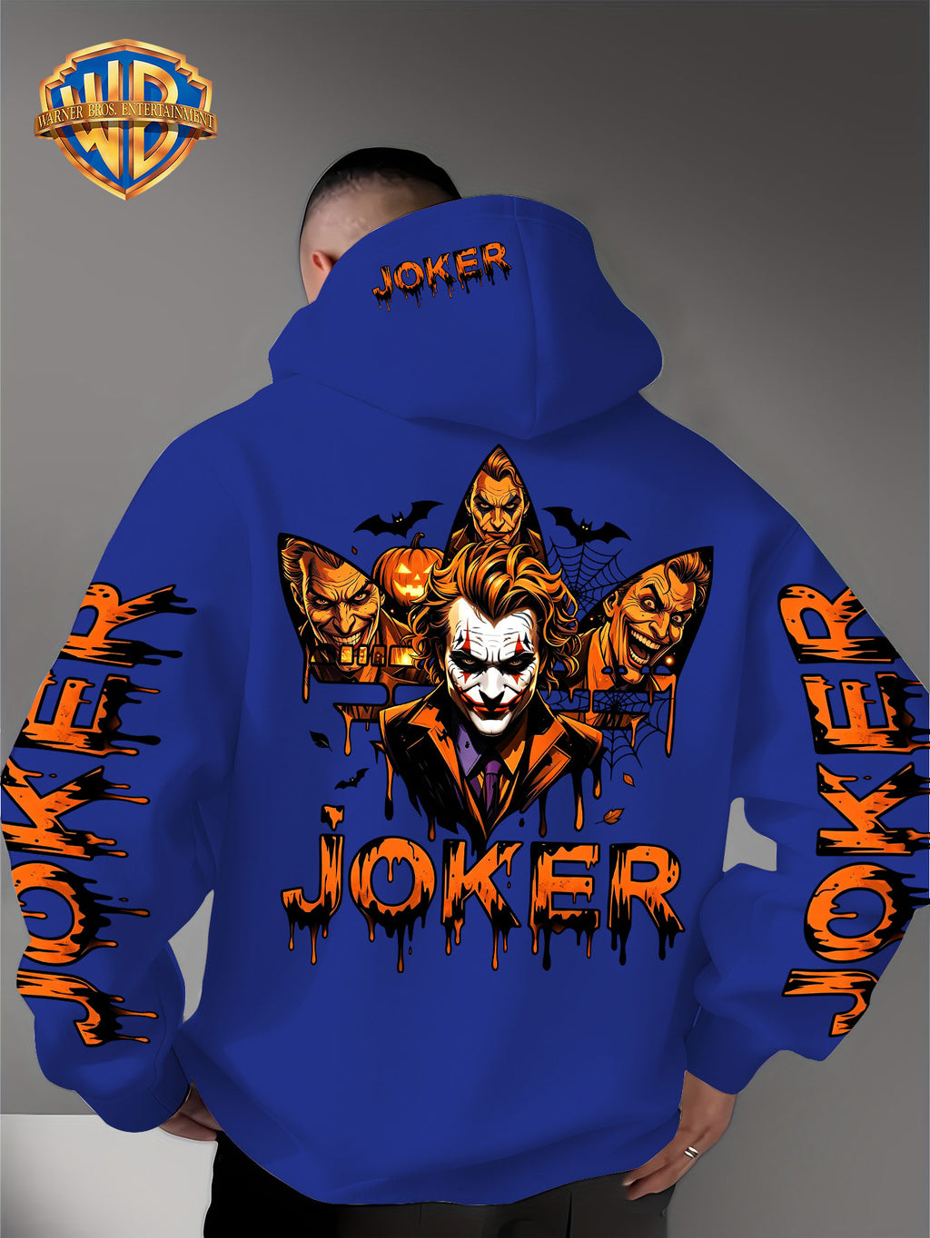 Warner Official - Men's Fashion Hoodie Sweatshirt, Halloween-themed Bat and Spiderweb Hand-Drawn Graffiti Suit Joker with Three Different Evil Smile Expressions Joker Head + "JOKER" Lettering Creative Pattern Print, Soft and Skin-Friendly Fabric - Blue