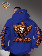 Warner Official - Men's Fashion Hoodie Sweatshirt, Halloween-themed Bat and Spiderweb Hand-Drawn Graffiti Suit Joker with Three Different Evil Smile Expressions Joker Head + "JOKER" Lettering Creative Pattern Print, Soft and Skin-Friendly Fabric - Blue