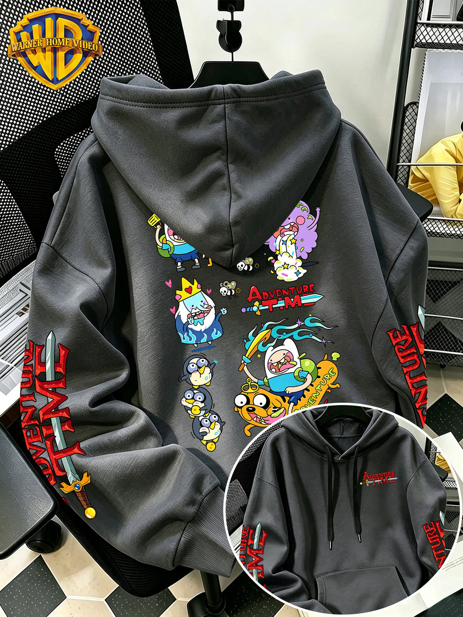 Warner Bros Official Adventure Time Q-Style Multi-Character Patchwork Cartoon Print Hooded Sweatshirt - Men's Casual Versatile Sweatshirt, Comfortable Autumn/Winter Wear, Ideal for Sports, Outdoors, Outings, Travel, and Daily/Commute/Home Use - Dark Gray