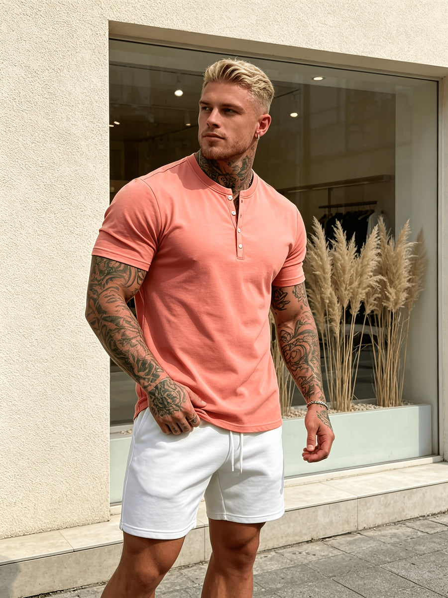 Summer New Fashion Athletic Button-Up Men'S Top Short Sleeve Autumn Casual Comfortable Trendy All-Match Style - Pink Color