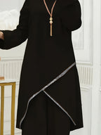 720-Spring And Summer Muslim Two-Piece Round Neck Sequined Long Sleeve Shirt Wide Leg Pants Casual Set - Black