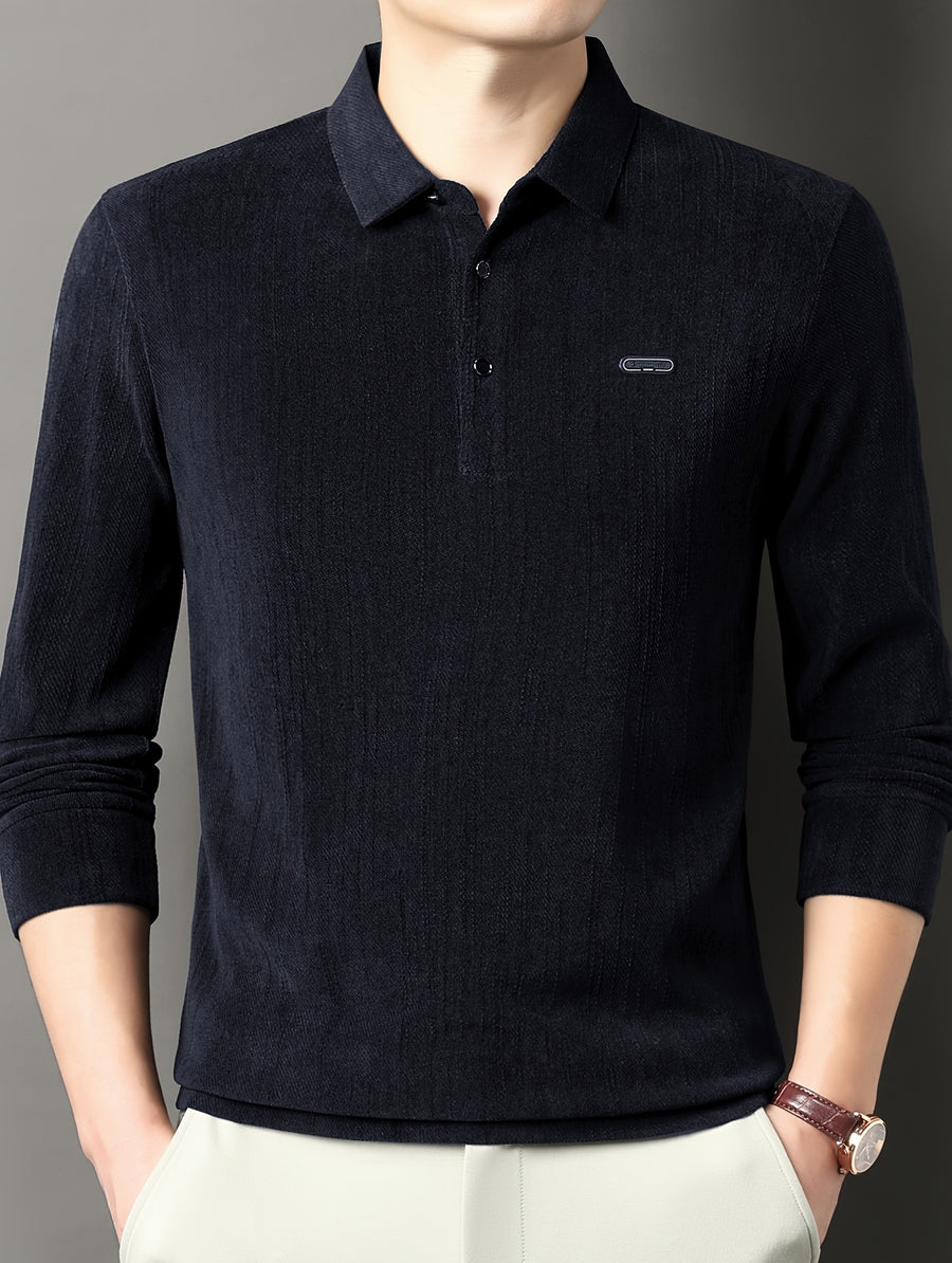 Men's Spring/Autumn Lightweight Knitted Long-Sleeve Polo Shirt with Vertical Stripe Texture, Lapel Collar, Three-Button Placket, Business Casual Versatile Base Layer Top for Middle-Aged Men - Navy Color