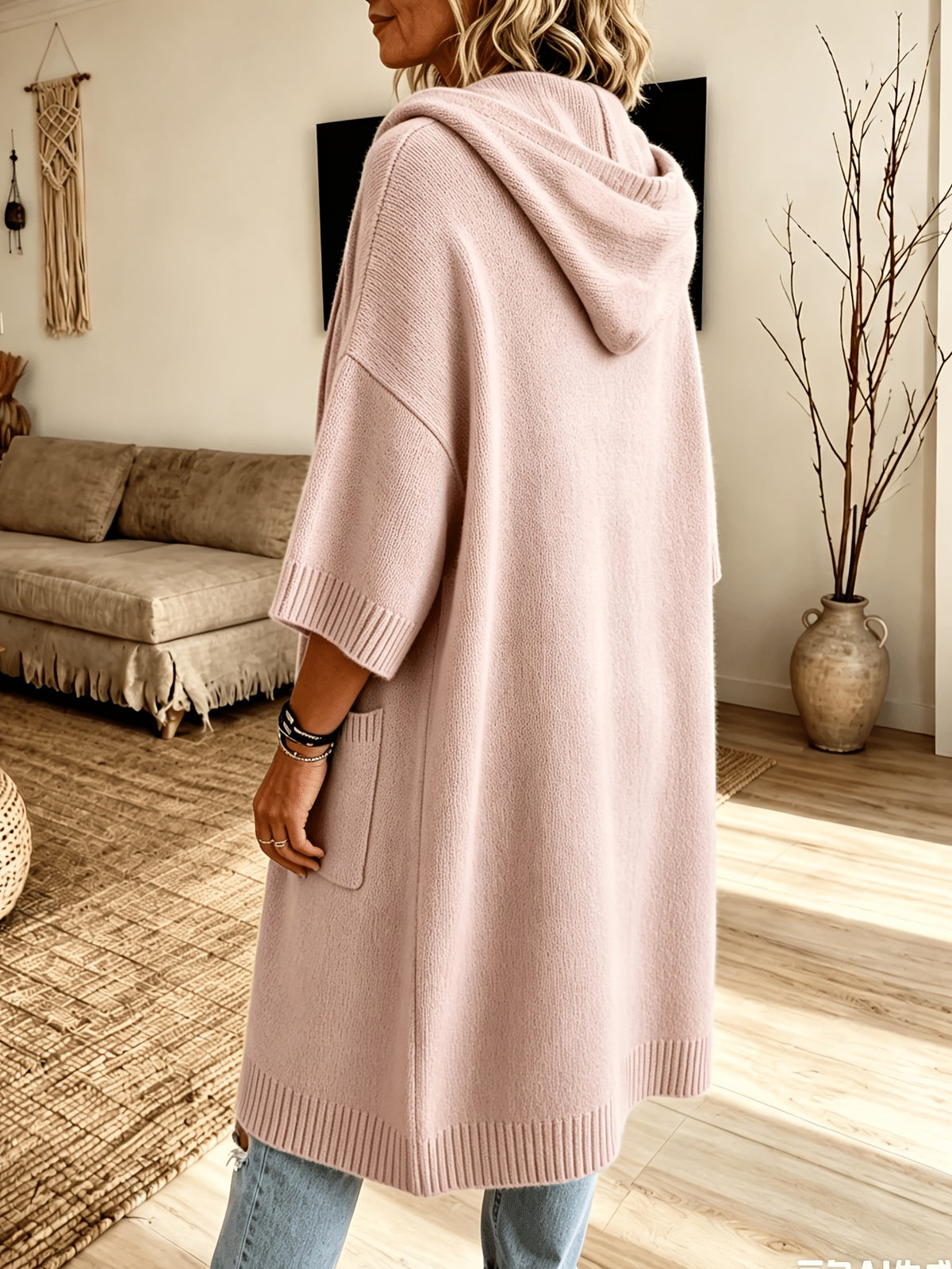 Plus Size - Women'S Spring Autumn Elegant Casual Cute Sexy Gentle Solid Color Hooded Drawstring Thick Long Sleeve Soft Warm Coat Button-Up Cardigan Jacket - Pink Color