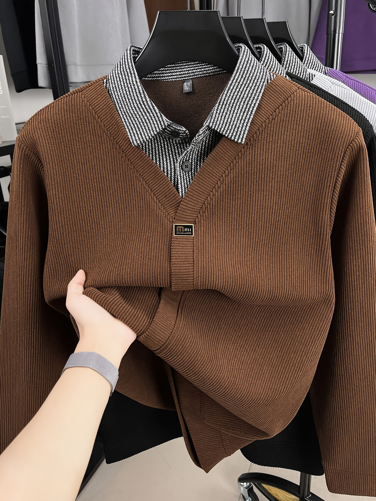 Men's Thick Warm Sweater Suitable for Winter - V-Neck Square Collar Knit Pullover with Color-Blocking Collar, Base Layer Sweater for Layering, Machine Washable Casual Warm Sweaters for Office & Casual Attire (Regular Fit) - Coffee Brown