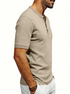 Men'S Loose Casual Henley Short-Sleeve Shirts for Summer - Khaki