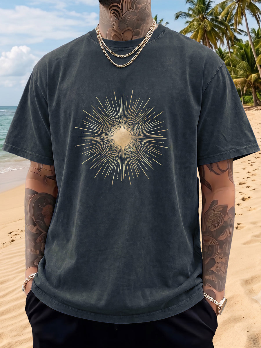 Men's Short-Sleeve T-Shirt, Pure Cotton, Loose Fit, Washed and Distressed, Sunburst Starlight Pattern, Trendy Reverse Double-Sided Print, Multiple Colors for Mix and Match, American Streetwear Hip-Hop High Street Top, for Daily Outings - Navy Color