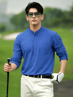 Men'S New Half-Button Shirt - Golf & Everyday Wear | Roll-Up Sleeves, Short Placket with Chest Pocket | Wrinkle-Free, Shape Retention - Swing Free, Fairway to Clubhouse | Solid Tone, Easy-Match, All-Season Layering Or Solo - Blue