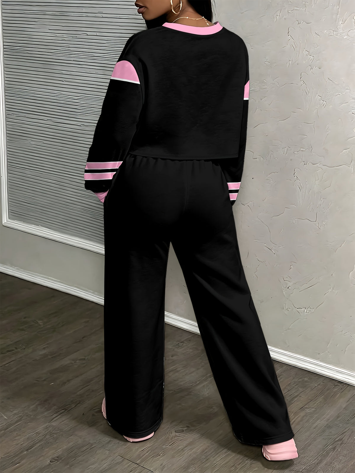 Drop-shoulder High-waist Sweatshirt and Wide-leg Pants 2pcs Digital Print Tracksuit Set - Mixed colors