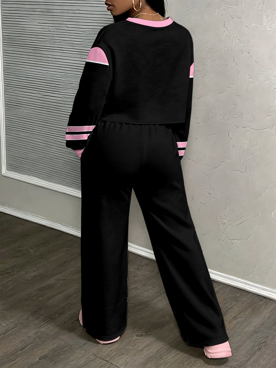 Drop-shoulder High-waist Sweatshirt and Wide-leg Pants 2pcs Digital Print Tracksuit Set - Mixed colors